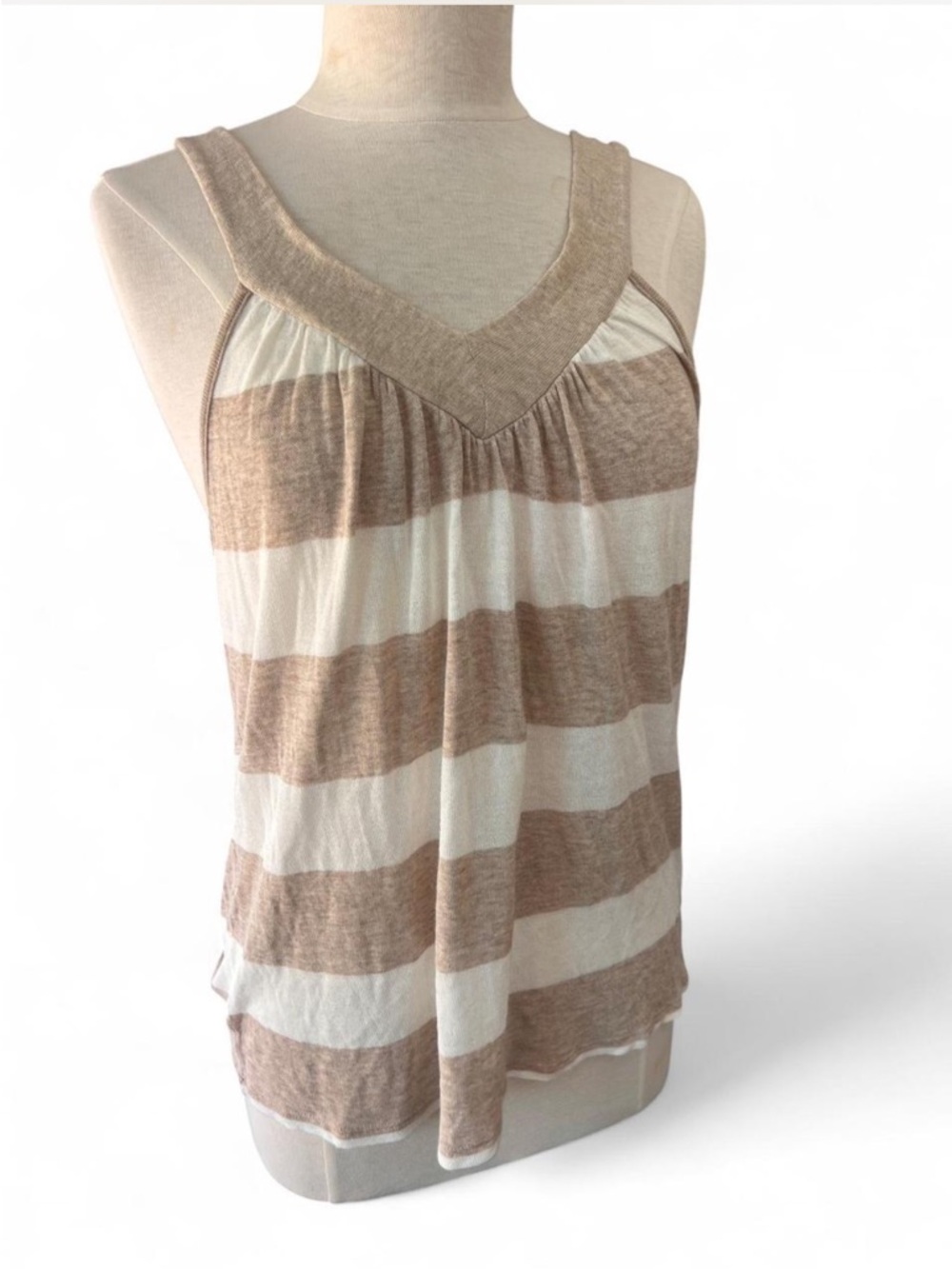 Splendid Striped Knit V-Neck Tank Top Heather Tan & White Size Large